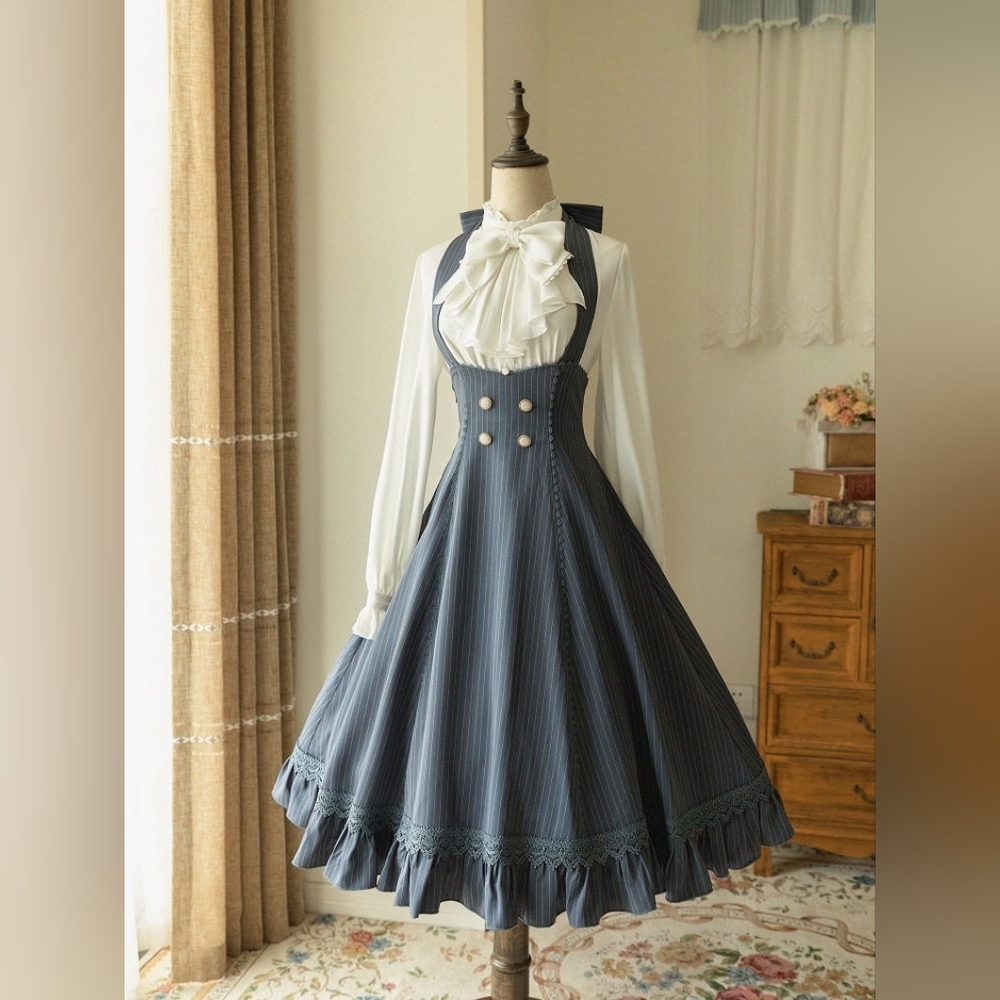 Stripped Pattern Halter Neck with Retro Dress With Stand Collar Long Sleeve SET